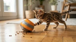 An energetic kitten chasing a wobble-base treat dispensing toy for kittens down a hallway