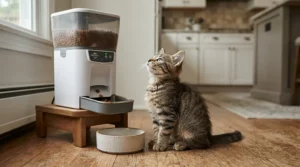 A hungry kitten waiting for snacks from an automatic treat dispensing toy for kittens on the floor