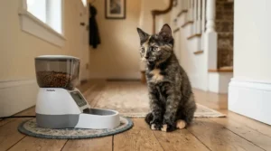 A young kitten learning new skills with a reward-based treat dispensing toy for kittens